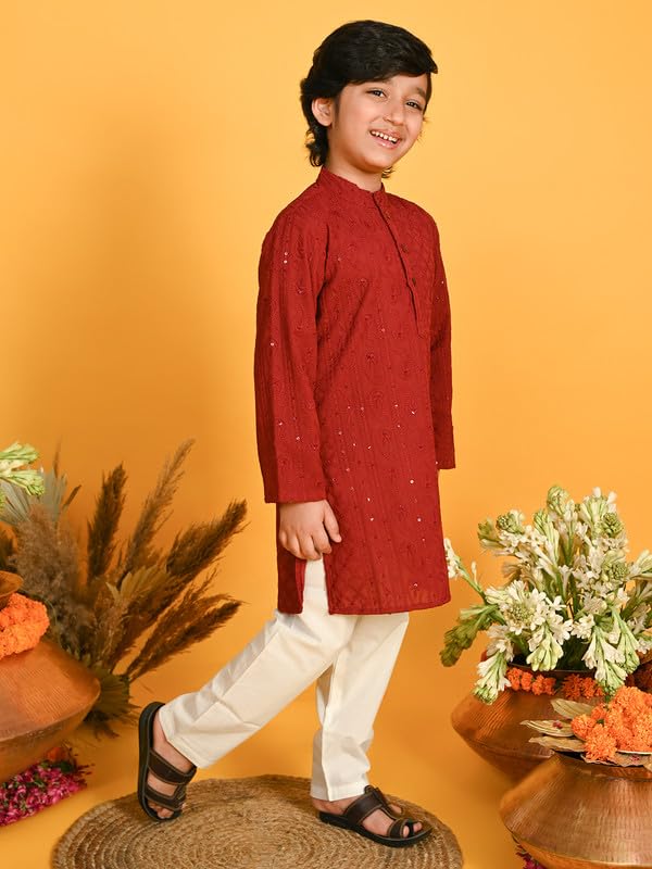 Image of Saka Designs Boy's Embroidered Kurta & Pyjamas - Red