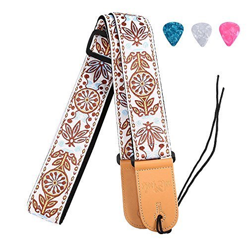 Rufun Gitaar Band Retro Verstelbare Jacquard Weave Vintage Accessoire voor Basse Elektrische Akoestische Gitaar, 3 Picks Inbegrepen (Bruin)