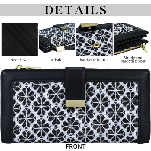 Black RFID Blocking Wallet for Women Long Leather Coin Purse with Flower Design Minimalist Credit Card Holder and ID Window Cute Travel Cash Wallet for Women4