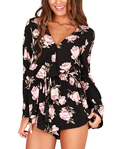 Relipop Women's Fashion Floral Print Long Sleeves Short Romper Playsuit Jumpsuit (Large, T3) #TOP18
