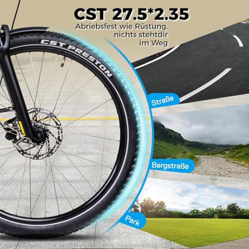 SAXONETTE E Fahrrad Herren 27.5 * 2.35 Zoll mit 36V 13Ah Akku, E Bike Erwachsene mit Hydraulische Scheibenbremse, 7 Gang Kettenschaltung Pedelec mit Federgabel, Gepäckträger für Herren/Männer – Bild 5