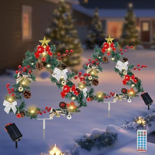 2 Pack Upgraded Solar Christmas Tree Lights Outside Christmas Decorations 36.5 in 50LED Garden Decorations, 13 Modes Multi-Color Lights for Xmas Holidays Pathway Garden Yard Decor(Warm White)