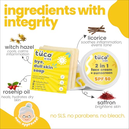 Image of Tuco Kids Dull Skin Soap (60 gm x 2) & Sunscreen (50 gm) | Face Glow Kit | Safe For Kids | Ages 2-5, 5-10, 10-15 | Paraben & Sulfate Free | 170 gm- Pack of 3