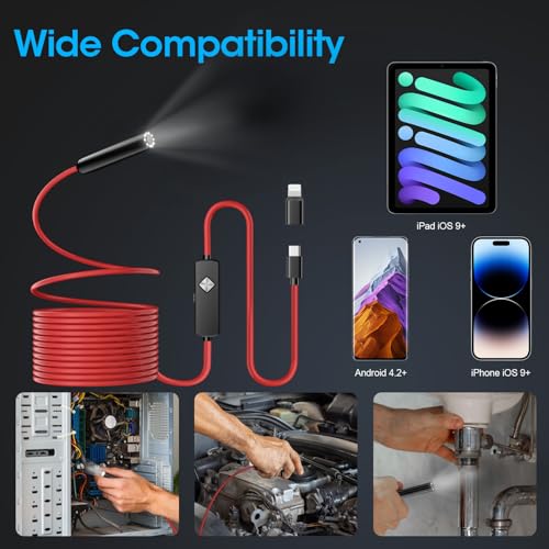 Image of Endoscope with Light, 1920P HD Borescope with 8 Adjustable LED Lights, Semi-Rigid Snake Camera, IP67 Waterproof Inspection Tool for iPhone & Android - 32.8FT-Dual Lens (Red)