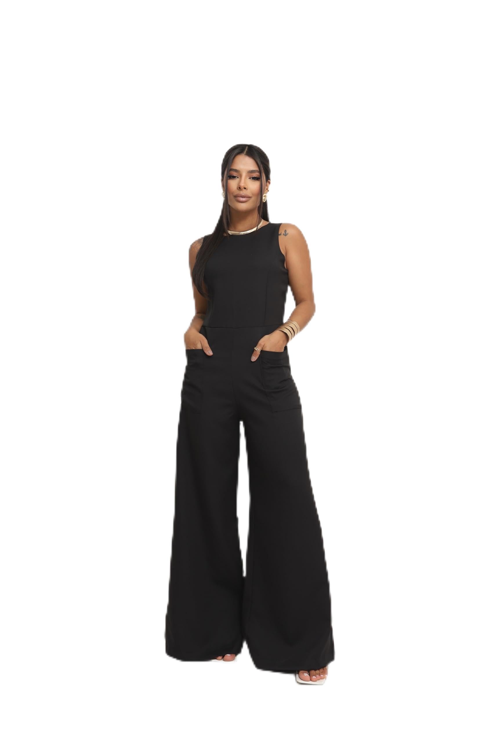 Macacão Longo Alfaiataria Com Zíper E Botão Social Pantalona (Preto, M)