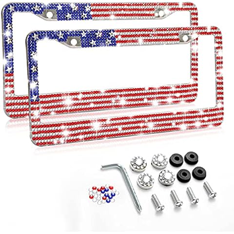 MENEONE License Plate Frame, 2 Pack USA Flag Bling Rhinestone License Plate Frame Holder, Metal Rust-Proof American Patriotic Flag Sparkling Diamond License Plate Frame for Car Truck SUV Cover