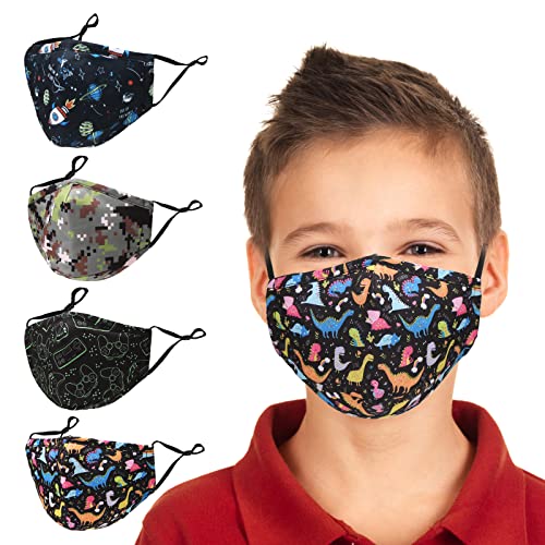 QM dream Washable Reusable Kids Face Mask Breathable Adjustable Cotton Cloth Masks 4 PCS for Boys Girls (Dinosaur/Space/Game/Camo), Black