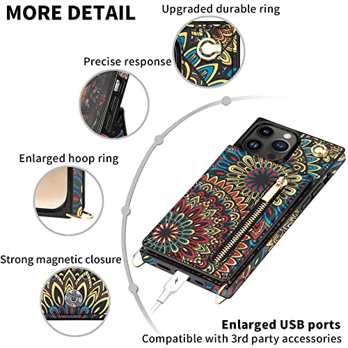 Hoggu Crossbody Iphone 14 Pro Max Case Wallet With Card Holder, Floral Leather Iphone 14 Pro Max Crossbody Case With Strap, Stand, Zipper Purse, Protective Square Phone Case For Women Girls-Mandala #TOP6