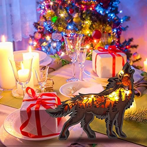 YWNYT Wooden Animal Ornaments, 3pcs 3D Forest Animal Wooden Statue Craft Wall Art Decor, Wooden Deer/Wolf/Bear Desktop Decor Wood Carving Ornament with Lights for Home Cafe Terrace