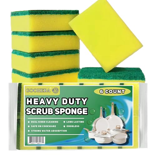 Heavy Duty Scrub Sponge for Cookware Dual-Sided Cleaning Pot Scrubber Odorless Long-Lasting Kitchen and Dishwashing Essential Large & Thick 4 x 2.8 x 1.5 Inches 6 Pack