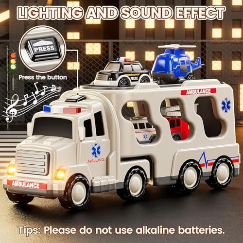 Image of Mini Explorer 5 in 1 Ambulance Vehicle Toddler Truck Toys,Friction Powered Cars with Toy Helicopter,Police Car,Fire Truck,Ambulance Car,Birthday Gifts for Girls Age 3-9
