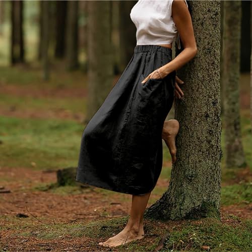 Women's Cotton Linen Skirts Casual Loose Fit Solid Color Elastic High Waisted Flare A-Line Midi Skirts with Pockets4