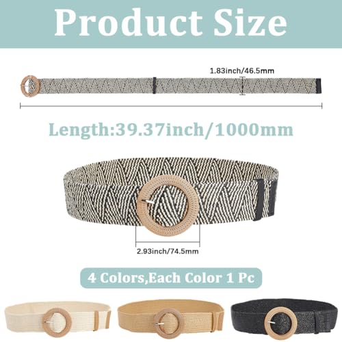 4Pcs Straw Woven Belt Set with Round Buckle Adjustable Braid Raffia Rattan Waistband Fashion Boho Style Stretch Wide Waist Belts for Women Ladies Summer Dress Jeans Pants Accessories Gift2