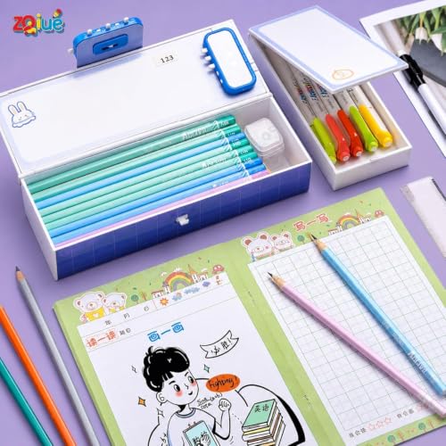 Image of Pink Unicorn Pencil Box Set with Eraser, Lockable School Case | Pink unicorn pencil box with handle, lock design and push-pull eraser for organized school supplies.