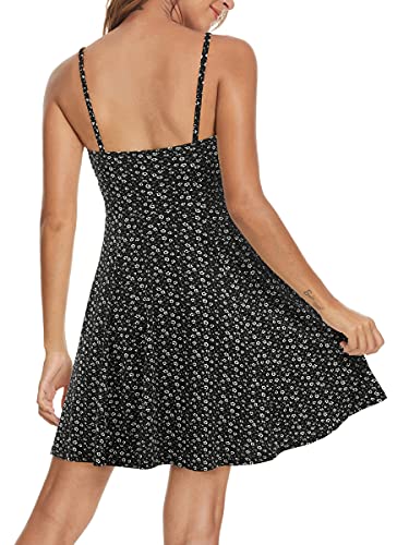 Image of Missufe Spaghetti Strap Floral Mini Dress Women's Casual Ruched Front Drawstring Swing Sundress