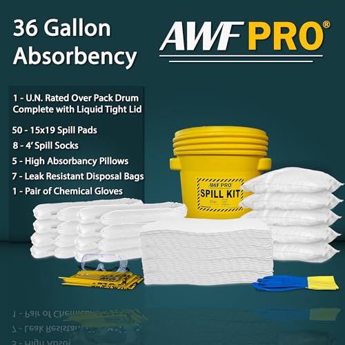 Image of AWF PRO 30 Gallon Oil Only Spill Kit, 81 Pieces | Includes DOT Approved 30 Gallon Drum, Sorbent Socks, Pads, & Pillows, & Accessories