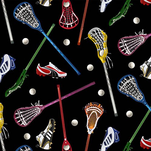 Premium 100% Cotton Lacrosse Fabric – Black/Multicolor Sticks, Balls & Cleats – 1/2 Yard Continuous Piece