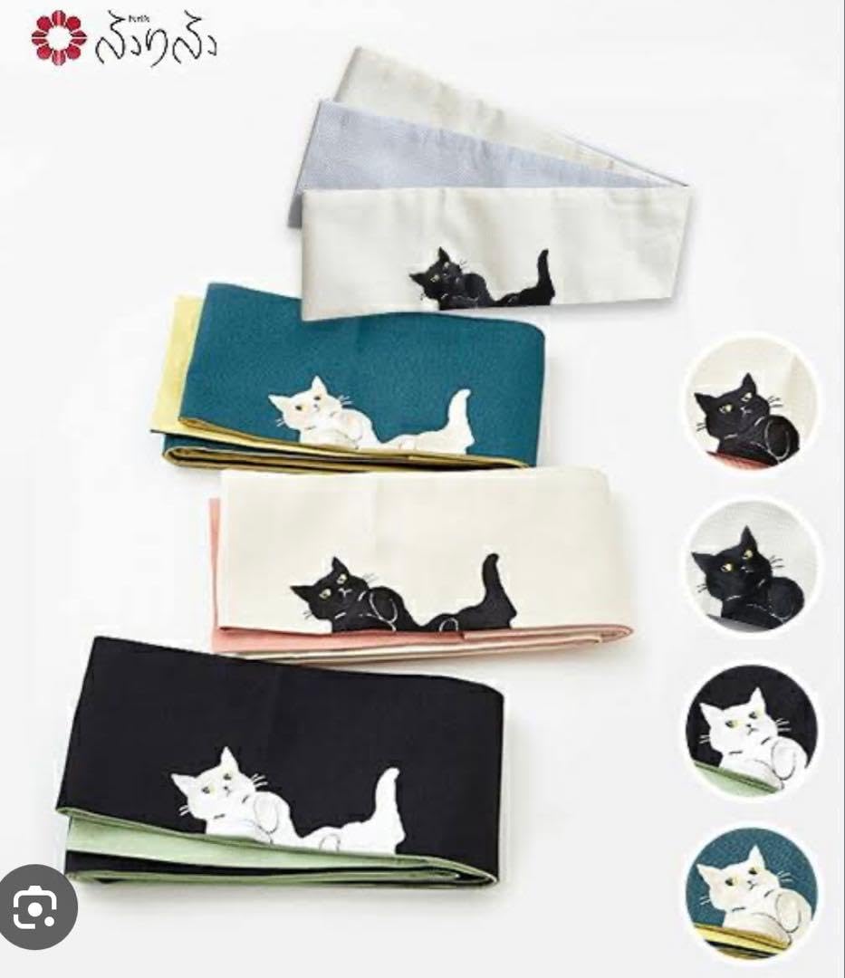 Amazon.co.jp: ふりふ ネコ 猫 半巾帯 ごろん猫 ホワイト 黒猫 赤裏地