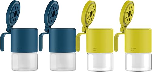 Zuutii Tarros de especias de vidrio a prueba de humedad con cucharas, juego de 4 botellas de especias de 10 oz/10.1 fl oz, mini tarros de
