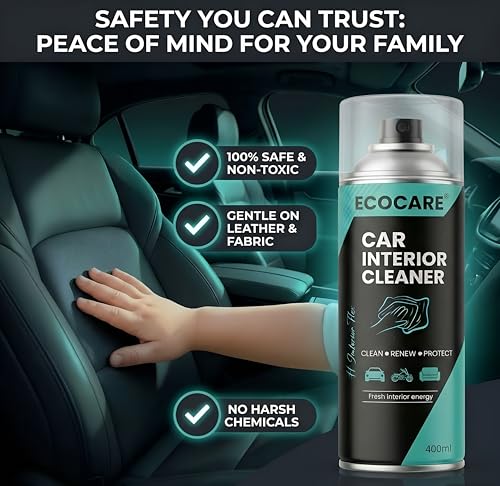 Image of EcoCare Car Interior Cleaner Polish | Multipurpose Foam Cleaning Spray with Microfiber Cloth for Leather Seats, Dashboard, Mats, Roof Liners | Removes Tough Stains & Dirt | Protects All Surfaces 400ML