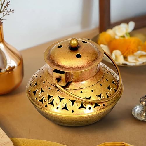 Image of Home Decor Small Size L5 X W5 X H4 Inch Brass Incense Holder Only | Wall Hanging Degchi Pot Dhup Dani | Home Decor Items for Living Room | Brass Tea Holder Pack of -1