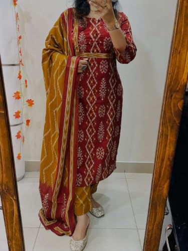 Image of ANNI Designer Women Kurta Set with Dupatta | Cotton Printed Straight Kurta Pant Dupatta Set | 3 Piece Kurti Set for Women | 3 /4 Sleeve Round Neck Cotton Suit for Daily Office Party Wedding