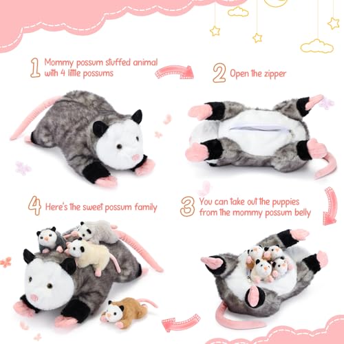 Image of Hollowfly 5 Pcs Opossum Stuffed Animal Mommy with 4 Baby Possum Plush Toy