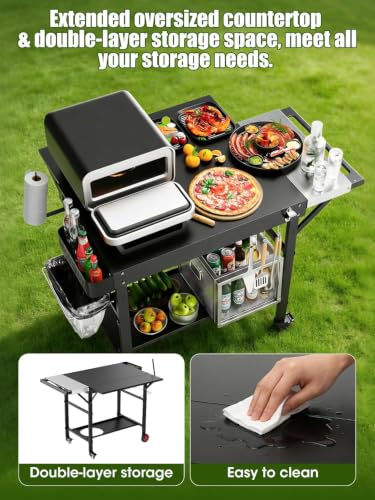 Image of Outdoor Grill Table /Cart and Grill Cover for Pizza Oven Table, Large Space with Wheels Pizza Oven Stand& Heavy Duty Waterproof Cover, Fits Ooni Blackstone Ninja Cuisinart Gozney, Solo Stove