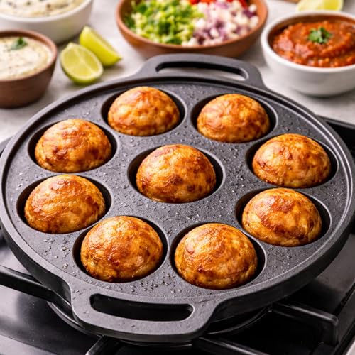 Image of Cast Iron Appam Pan (7 /9 /12 Cavity) | Paniyaram Pan, Appe Pan, Kuzhi Paniyaram Maker | Heavy Duty, Even Heating, Gas & Induction Compatible (9 Cavity (Medium))