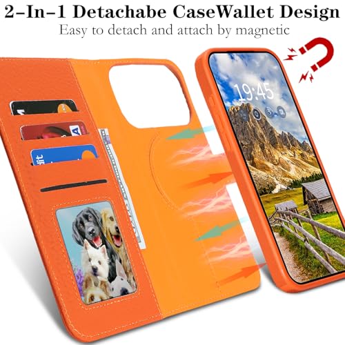 Image of Detachable Genuine Leather Case for iPhone 17 Pro Wallet Case Magnetic 2in1 Removable Flip Cover Book Purse Compatible with Magsafe Charging Kickstand Card Holder-Orange