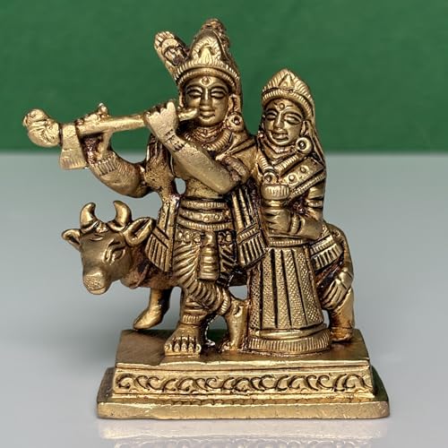 Image of Brass Made Shri Radha Krishna Idol with Darling Cow /Decorative Radha Krishna Idol (4 INCH)