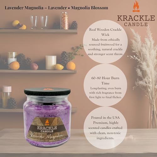Image of Krackle Candle | Lavender Magnolia | 16 oz Scented Candle with Natural Crackling Wooden Wick | Poured in the USA | Lavender & Magnolia Blossom Fragrance