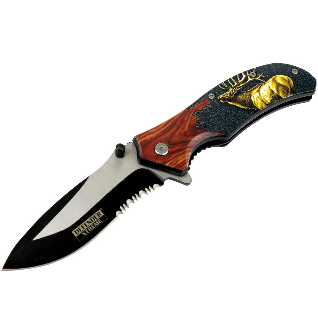 DEFENDER XTREME8.5" Elk Wood Handle Spring Assisted Folding Knife Tactical Sharp