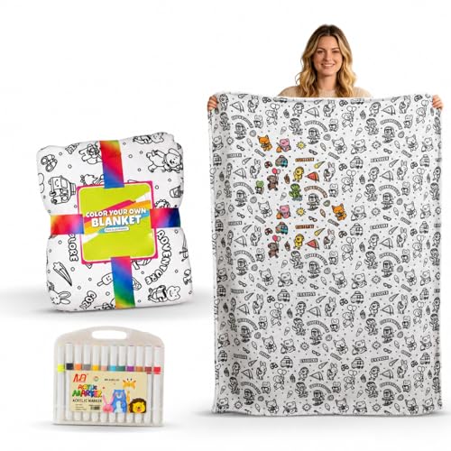 Colouring Blanket for Adults Colour Your Own Throw Blanket with 24 Colour Markers Creative DIY Soft Plush Velvet Colouring Fleece for Mindful Relaxation and Home Decor 156 x 125 cm (White)