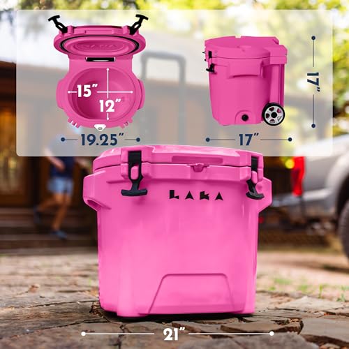 Image of Laka Cooler with Wheels - 30QT Rotomolded Insulated Rolling Hard Cooler, Telescoping Handle, Holds 24 Cans + Ice, Up to 7 Days Cold, Drain Plug, Cup Holders + Bottle Opener, Beach /Camping /Boat
