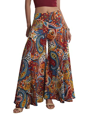 Tropic Bliss Colorful Wide-Leg Palazzo Pants for Women, Fair Trade, Boho Hippie Style Skirt Pant (XS, Red Blue)
