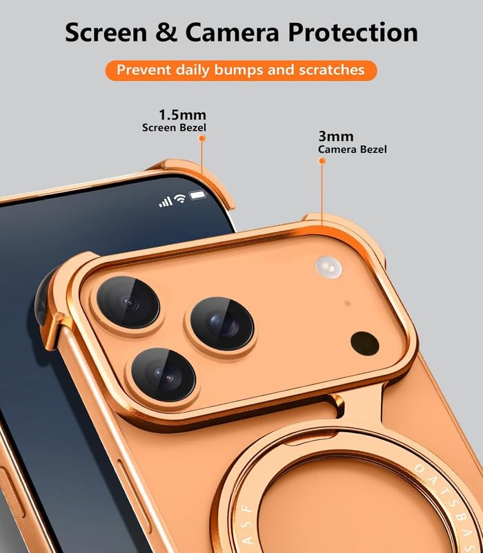 Image of Z Shaped Frameless Metal Bumper Compatible with iPhone 17 Pro Max with 360 Rotate Ring Kickstand | Luxury Aluminum Armor Case | Super Slim Metal - Orange Titanium
