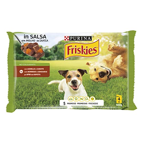 PURINA FRISKIES 5 Promesse Cibo Umido per Cani Adulti Bocconcini in Salsa con Agnello e Carote 40 Buste da 100g
