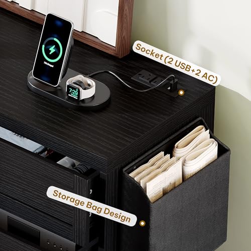 DWVO Black 8 Drawer Dresser, 31.5" W Large Vintage Double Dresser Chest of Drawers with Charging Station and Side Organizer Bag, Wood Storage with Retro Metal Handle for 300lbs for Hallway