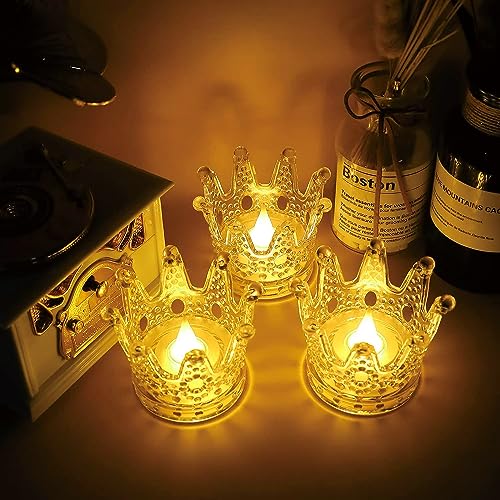 Image of One94Store 3 pcs Set Crown Shaped Flameless and Smokeless Decorative Candles Transparent Acrylic Led Tea Light Candle for Christmas, Festival,Candles (3 Pieces, Yellow, 5 cm) 3 pc Set
