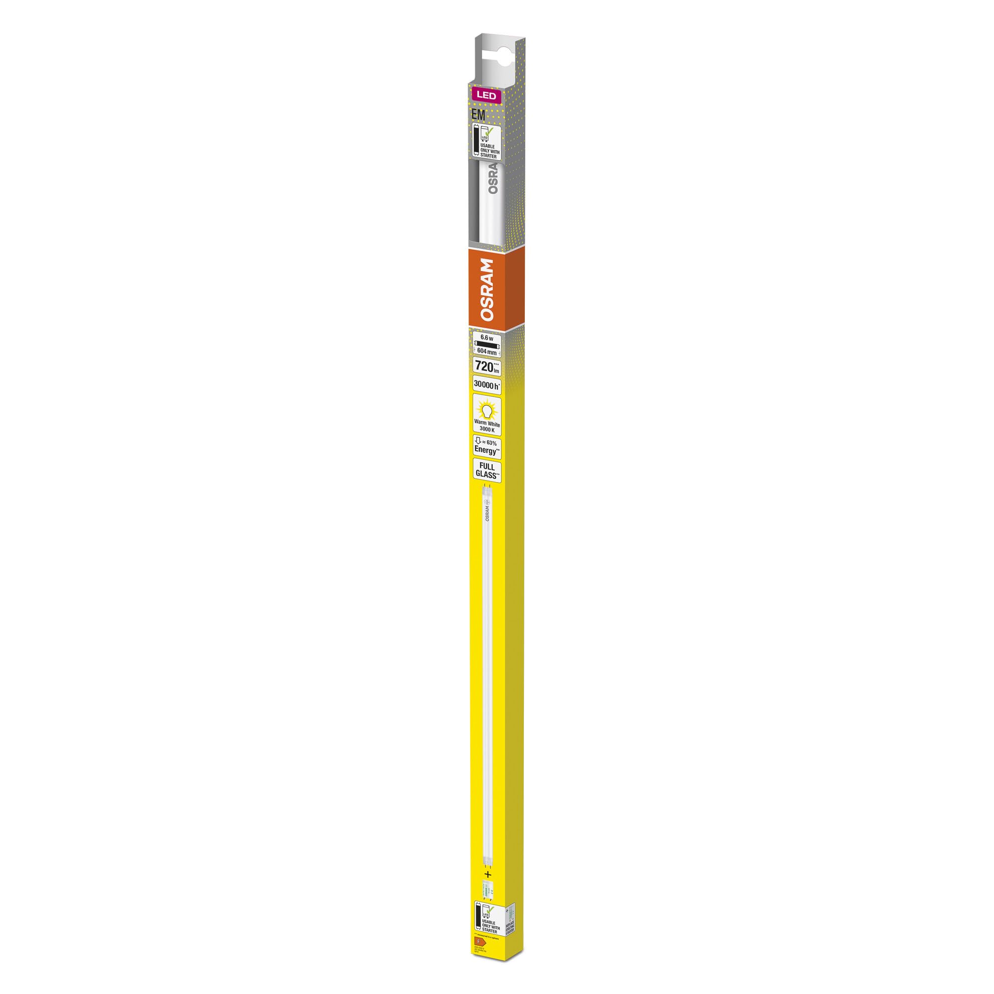 Osram Tube LED T8 18 EM 600 mm, tube LED linéaire, 6,6 W, 720lm, 3000K, lumière blanche chaude, remplacement LED pour les tubes lumineux T8 avec des prises G13, une durée de vie longue