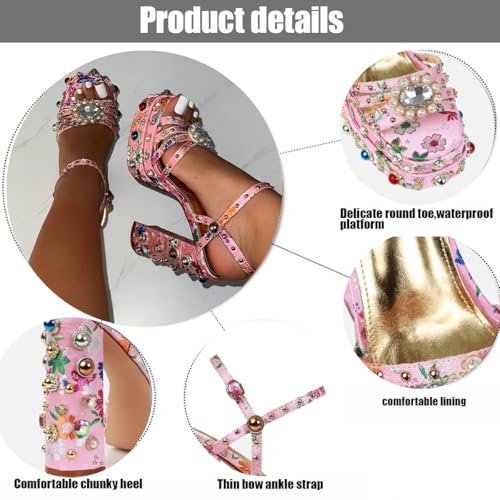 Women's Peep Toe Rhinestone Block Pump Sandals Block Heels Gems Detail Fashion Green Pink Floral Print Embroidery Ankle Strap Dress Wedding Party Pump Sandals2