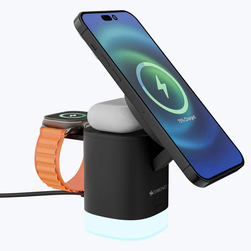 Image of Zebronics 3-in-1 Wireless Foldable Charging Pad with 23W Output, MagSafe Compatible, Fast Charging, Built-in Protection, FOD, 1m Type-C Cable, for iPhone 16 /15 /14 /13 /12 Series(MagBoost 50,Matt Black)