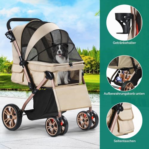 YITAHOME Hundebuggy Hundewagen klappbar für Hunde & Katzen, Haustierbuggy bis 22 kg mit umkehrbarem Griff, Netzfenstern, Getränkehalter, 360° drehbare EVA-Räder mit Bremsen (Beige)