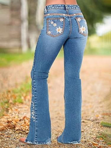 Flamingals Boot Cut Butt Lifting Mid Rise Casual Wash Floral Embroidered Split Hem Denim Pants Mid Blue 2XL2