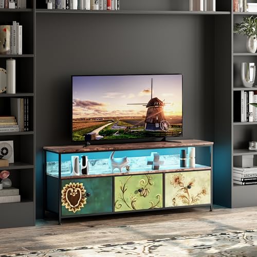 Mueble TV 137 cm, Mueble TV industrial con 3 cajones mesa TV salón mueble televisión LED madera banco TV tejido cajones bastidor de acero mueble de almacenamiento industrial dormitorio (3