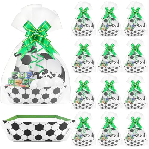 MEPIG 12 Set Soccer Basket for Gifts Empty Soccer Theme Paper Tray with Cellophane Wrap Bag & Pull Bow Senior Night Party Favor Sport Team Events Birthday Gift Snack Packaging