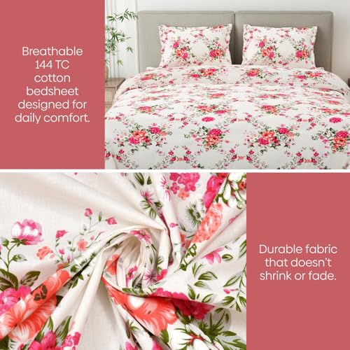 Image of Haus & kinder Double Bedsheet for Queen Size Bed | 90 x 100 Inches 144 TC Cotton Bedsheet for Double Bed with 2 Pillow Covers - Greek Garden