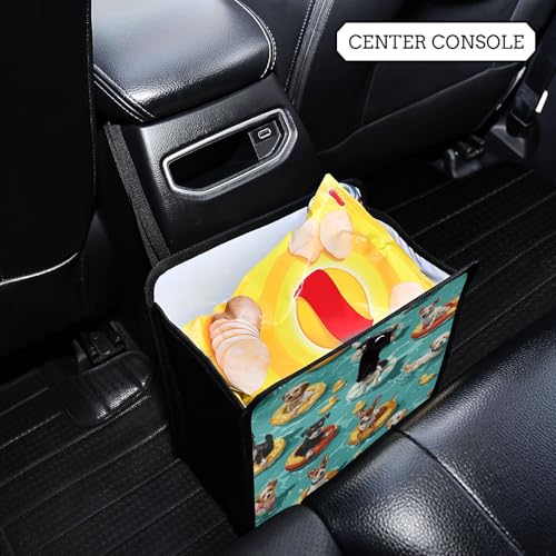 Image of Car Trash Can Organizer Bin with Adjustable Strap for Back Front Seat Console Waterproof Leakproof Collapsible Portable 8.66 Inch Teal Swimming Pool Dogs and Ducks