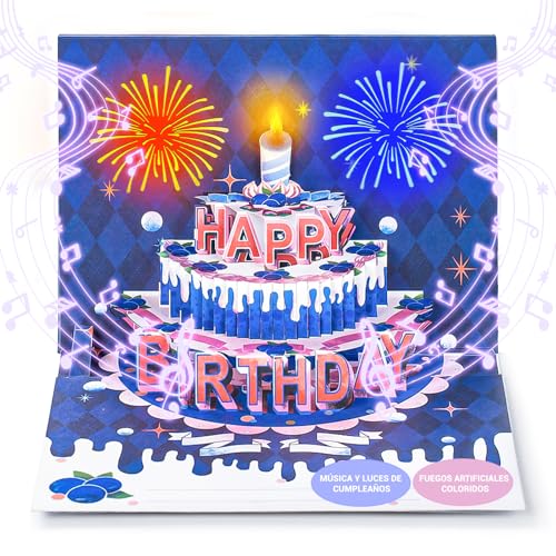 Mockdy Tarjeta Cumpleaños 3D Pop Up Musical Postal Cumpleaños Birthday Card Tarjeta Original de Felicitación con Luces Velas y Sobre Feliz Cumpleaños Regalo Personalizado para Mujeres Hombres Niños